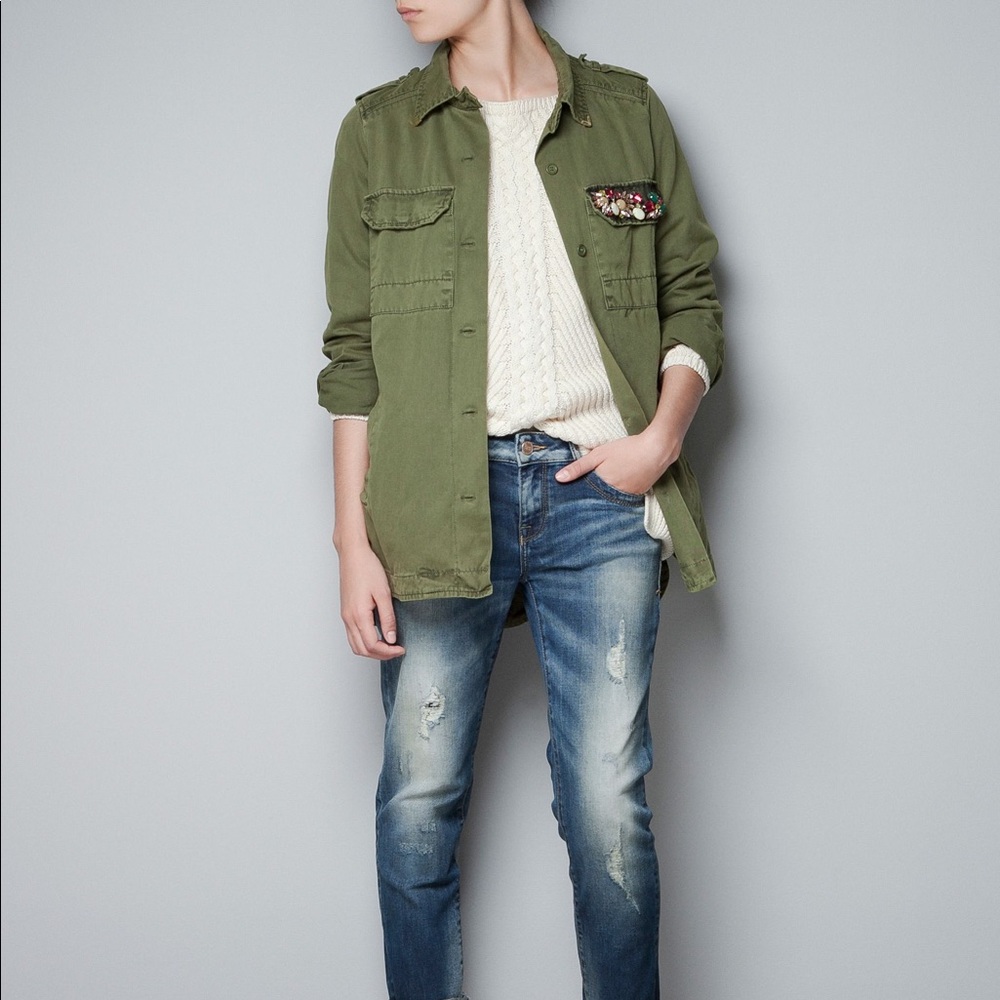 Zara Army Cargo Jacket With Jewel Embellishment